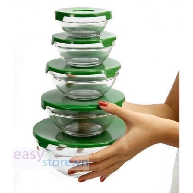 Bộ 5 bát thủy tinh trơn có nắp đậy