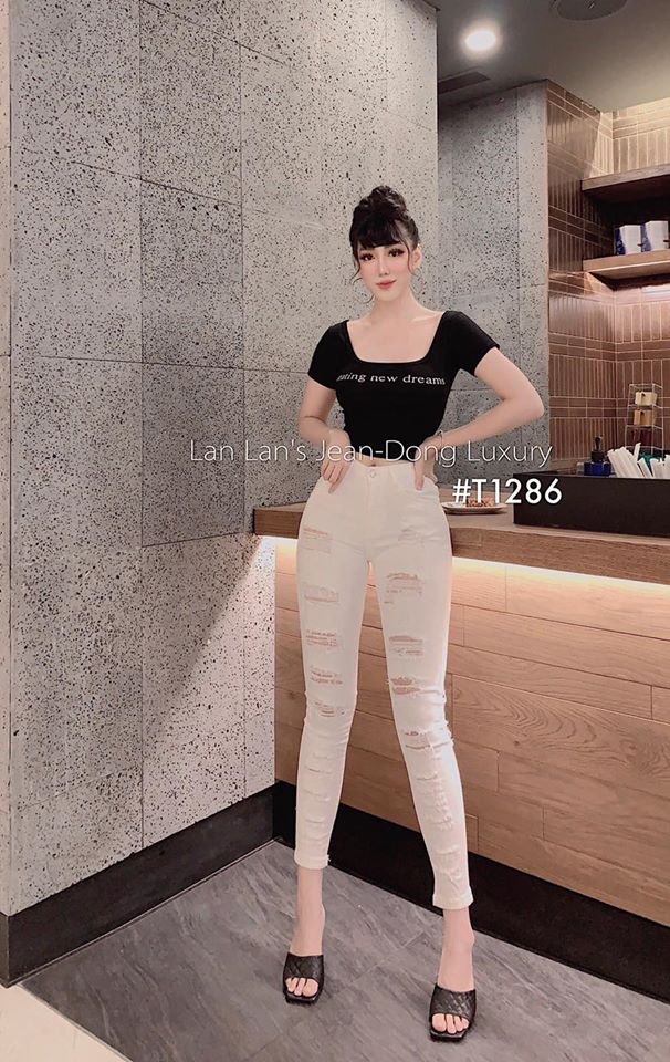 quần jean nữ màu đen rách bụi, quần bò nữ rách nhiều màu trắng lưng cao co giãn dáng skiny cao cấp