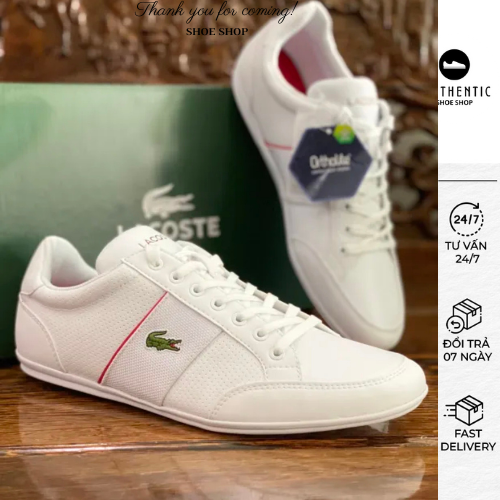 Giày Lacoste Chính Hãng Màu Trắng Sọc Đỏ Full Box  Free Ship+ Tặng Vớ