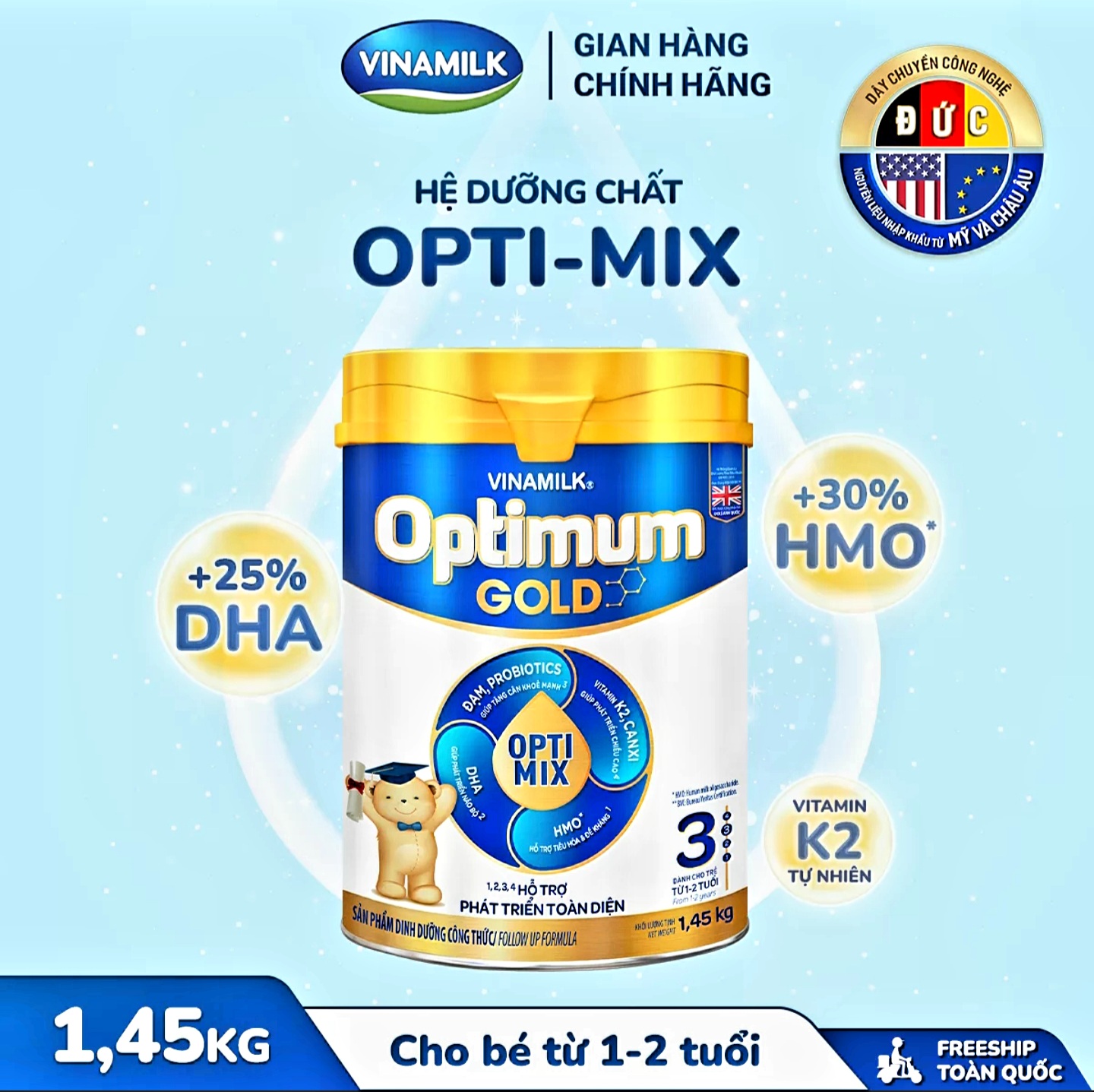 (Mẫu Mới) COMBO 2 HỘP SỮA BỘT VINAMILK OPTIMUM GOLD 3 1.45KG.