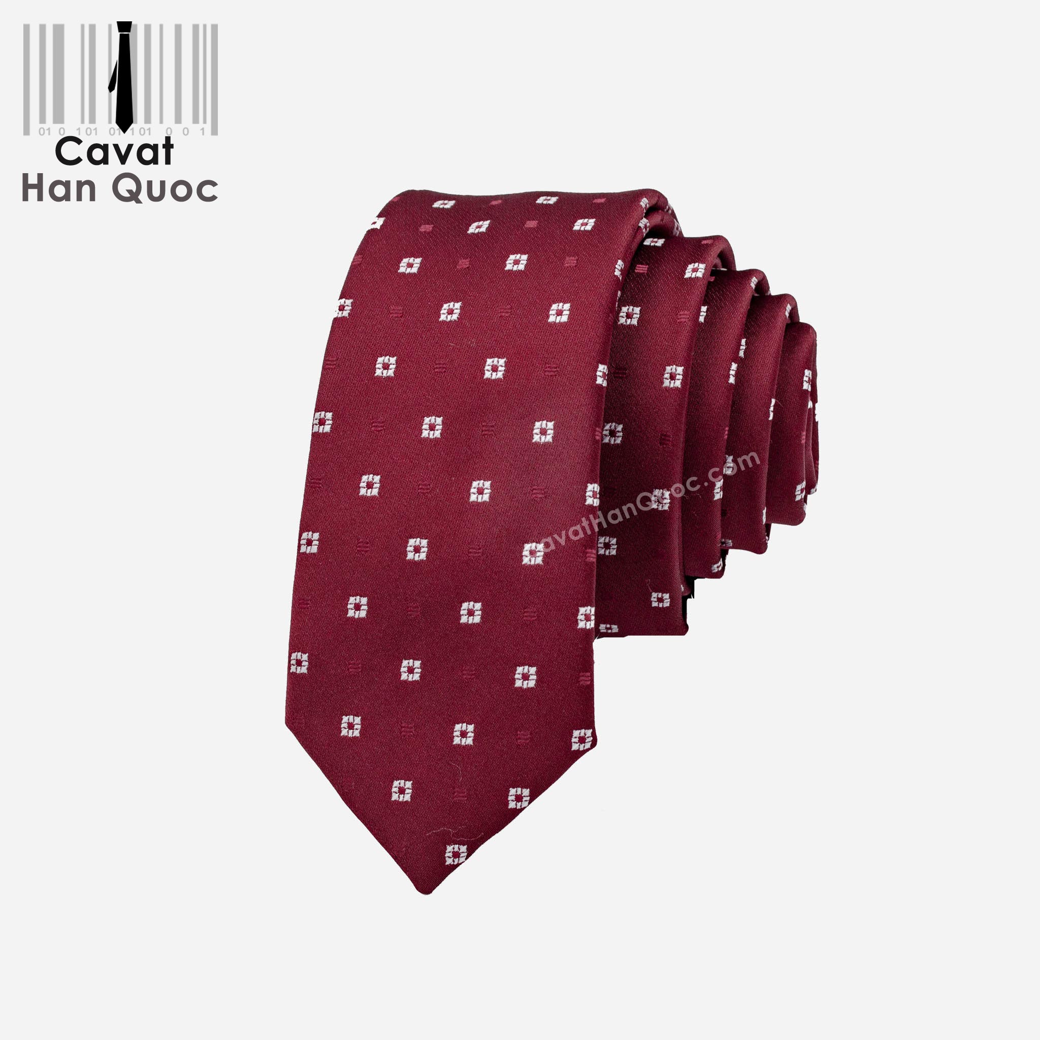 Cà vạt đỏ mận chấm vuông trắng bản nhỏ
