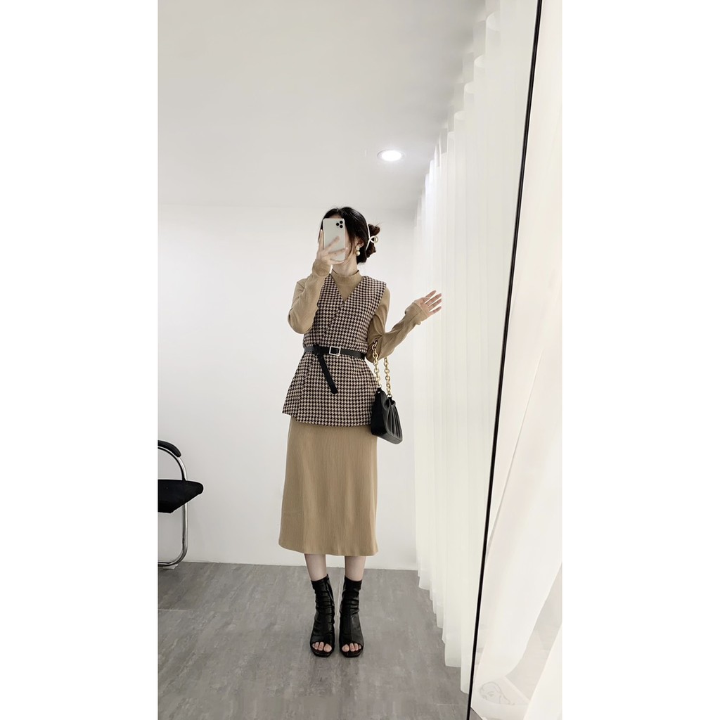 Set váy kèm belt style Hàn, chanh xả (1114)