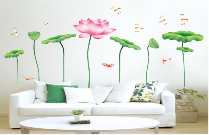 Decal trang trí tường - Sen Hồng mỏng và đán cá KOI nhỏ