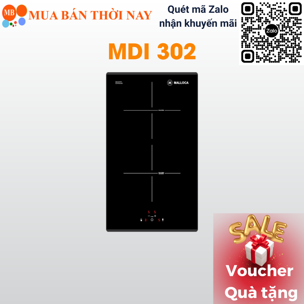 Bếp điện từ âm Malloca 2 từ MDI 302 , bếp âm 2 từ, bếp từ Domino, điều khiển cảm ứng, chức năng hẹn giờ nấu