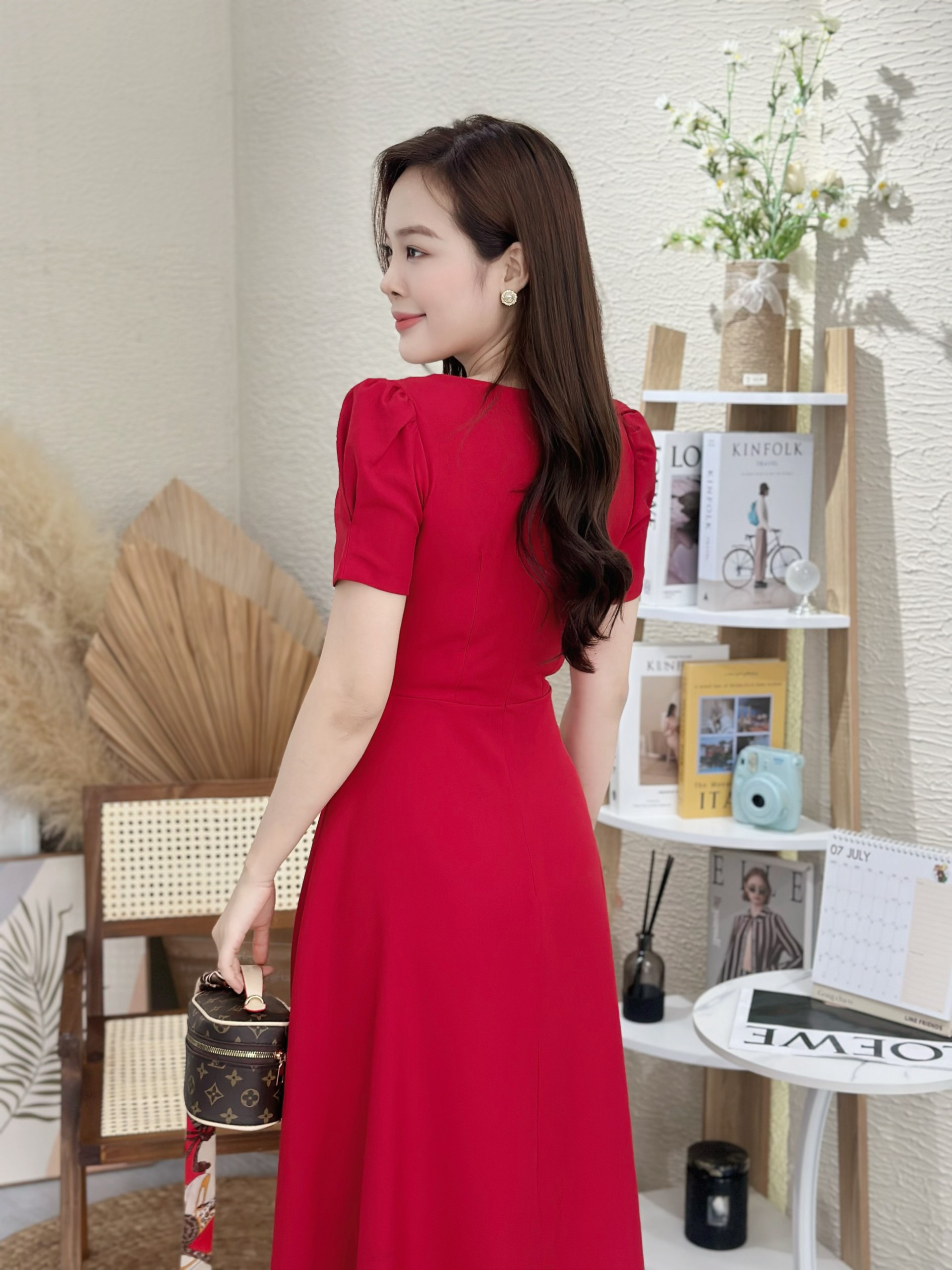 Đầm xòe cổ phối ren, đính nút, tay phồng Misa - MS0284 (Hình thật shop chụp)