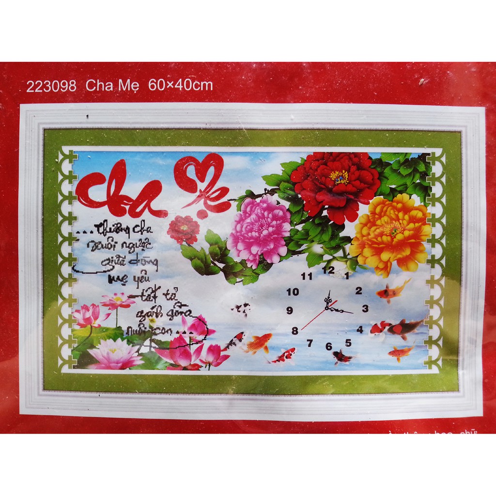 [HCM]Tranh thêu chữ thập cha mẹ cá hoa sen 223098 - kích thước 60 * 40