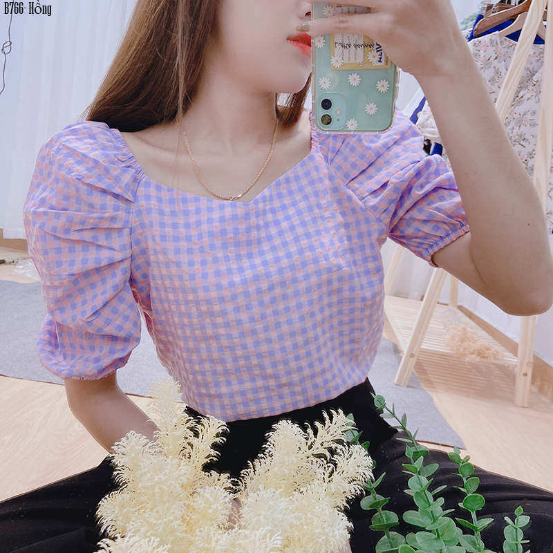 [HCM]B766- Áo caro tay xếp ly bồng