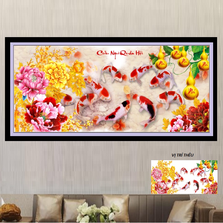 Tranh thêu chữ thập Cửu ngư quần hội LV3409, Kích thước 130x65cm - TỰ THÊU