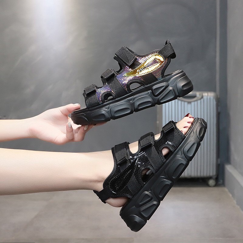 dép sandal đen nữ quai kim xa lấp lánh