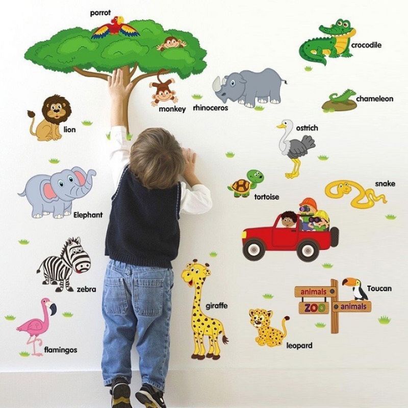 Decal dán tường , tranh dán tường thú tiếng anh cho bé
