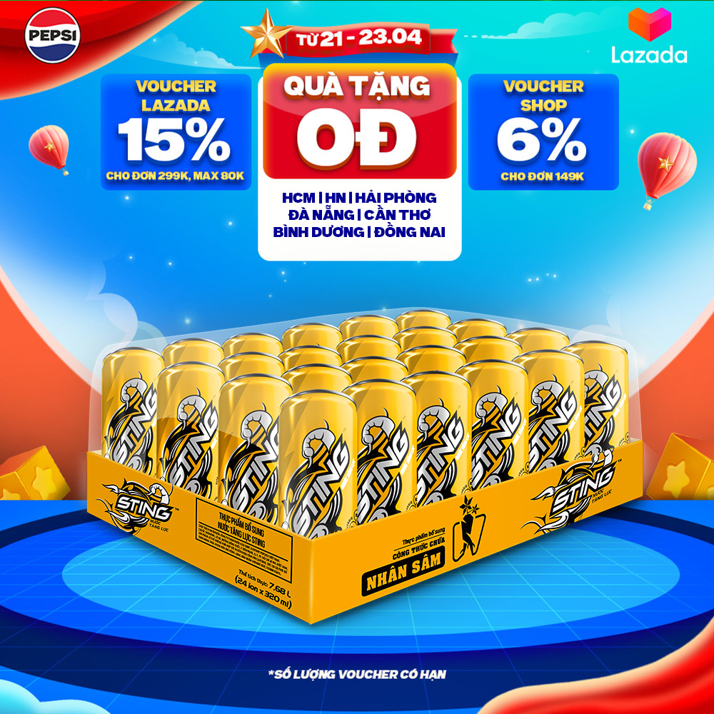 Thùng 24 Lon Nước Tăng Lực Sting Vàng (320ml/lon)