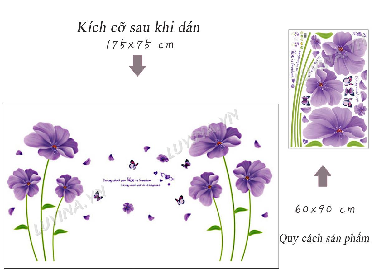 [HCM]DECAL DÁN TƯỜNG ĐÔI HOA 5 CÁNH TÍM