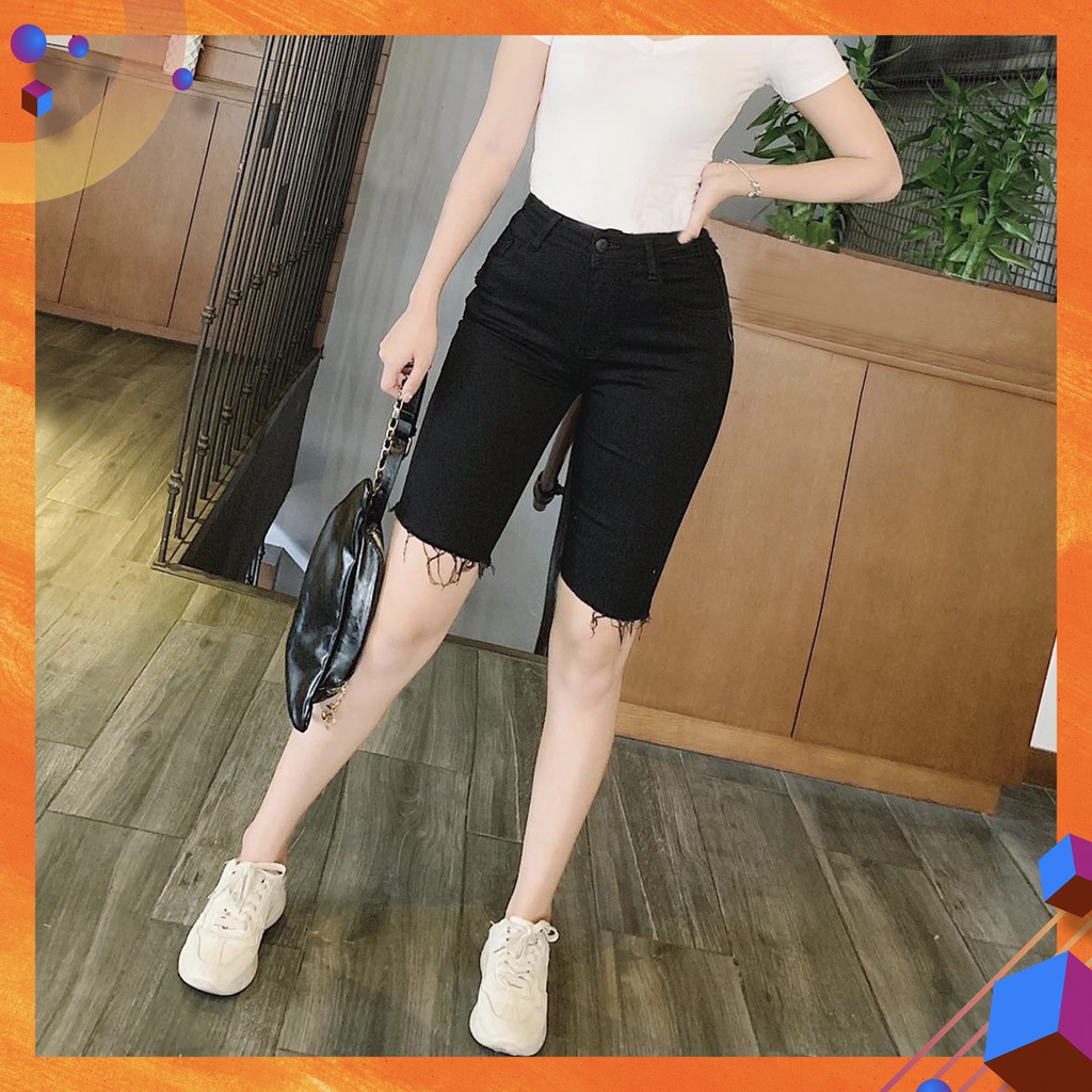 Quần jean nữ lửng gối lưng siêu cao mẫu trơn 2 nút tua lai