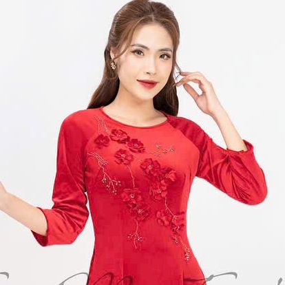 Áo dài nhung truyền thống sang trọng cổ tròn thêu hoa hàng thiết kế may sẵn kèm quần màu đỏ đô & đỏ tươi
