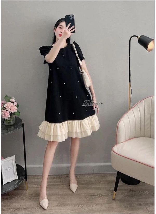 Đầm bầu công sở dáng đuôi cá đính hạt