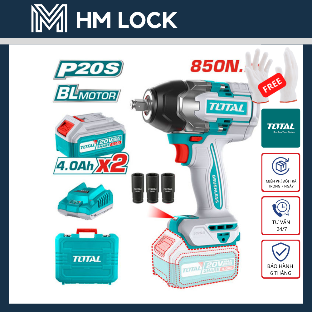 Máy siết bu lông không chổi than dùng pin lithium-ion 20v total 850n.m kèm 2 pin 4ah, 1 sạc, 3 đầu tuýp - hàng chính hãng - tiwli2085