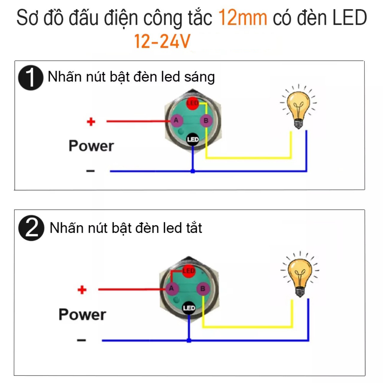 Nút nhấn 12mm led chống nước (nhấn vào tự nhả ra) 12v- 24V