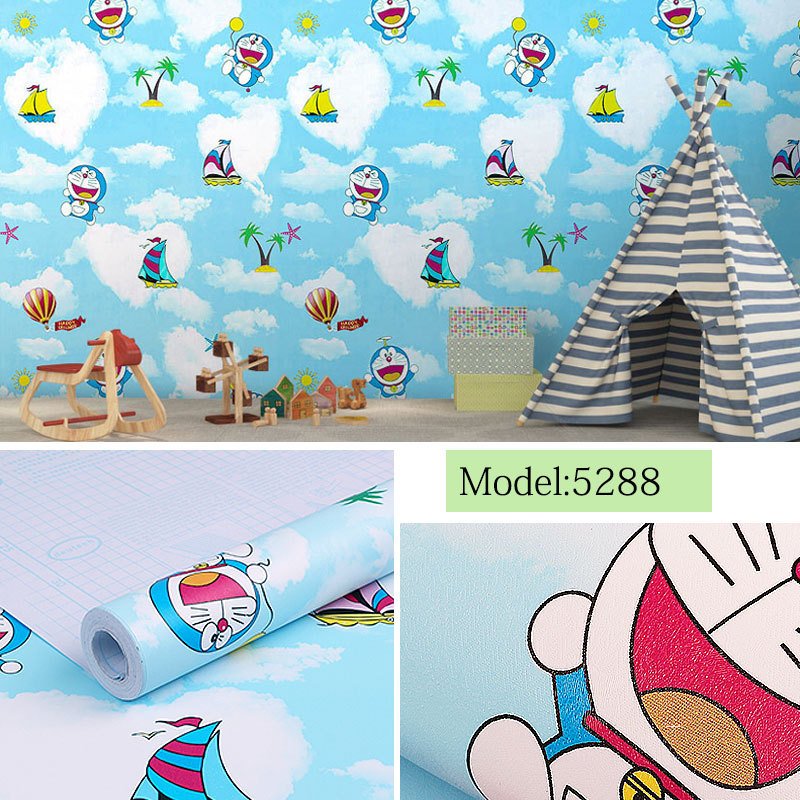 10m giấy dán tường sẵn keo doremon xanh mây 5288. decor trang trí phòng.