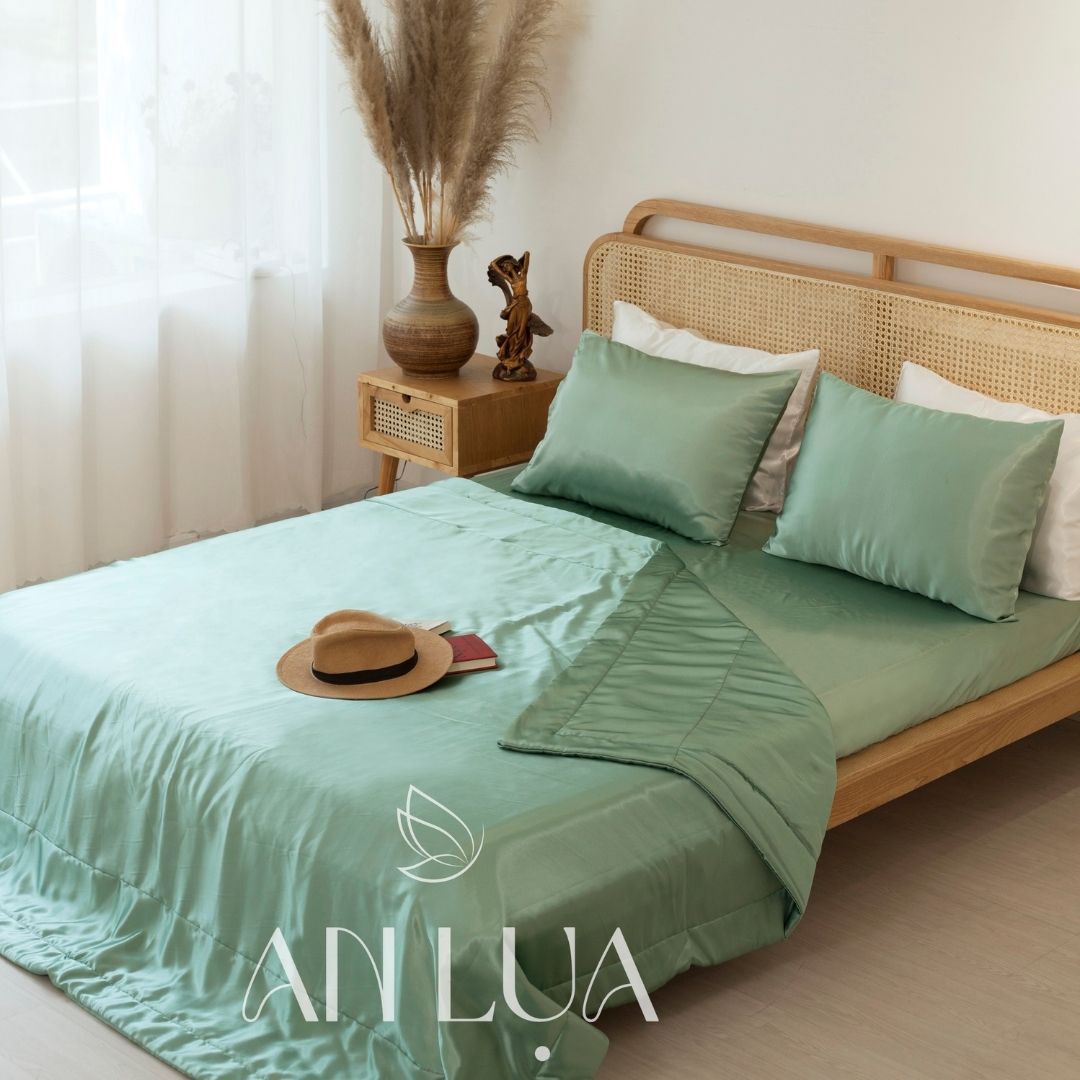 Bộ chăn drap 5 món An Lụa vải lụa mịn mát và thân thiện cho da - Xanh đậu