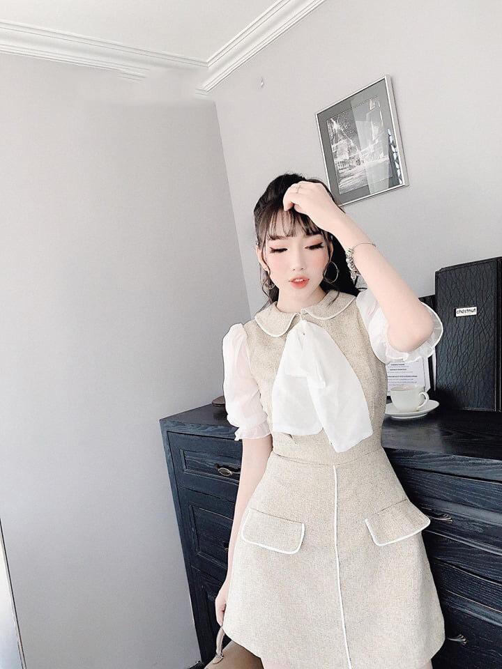 Đầm cổ cột nơ tay phối chất bố-KS