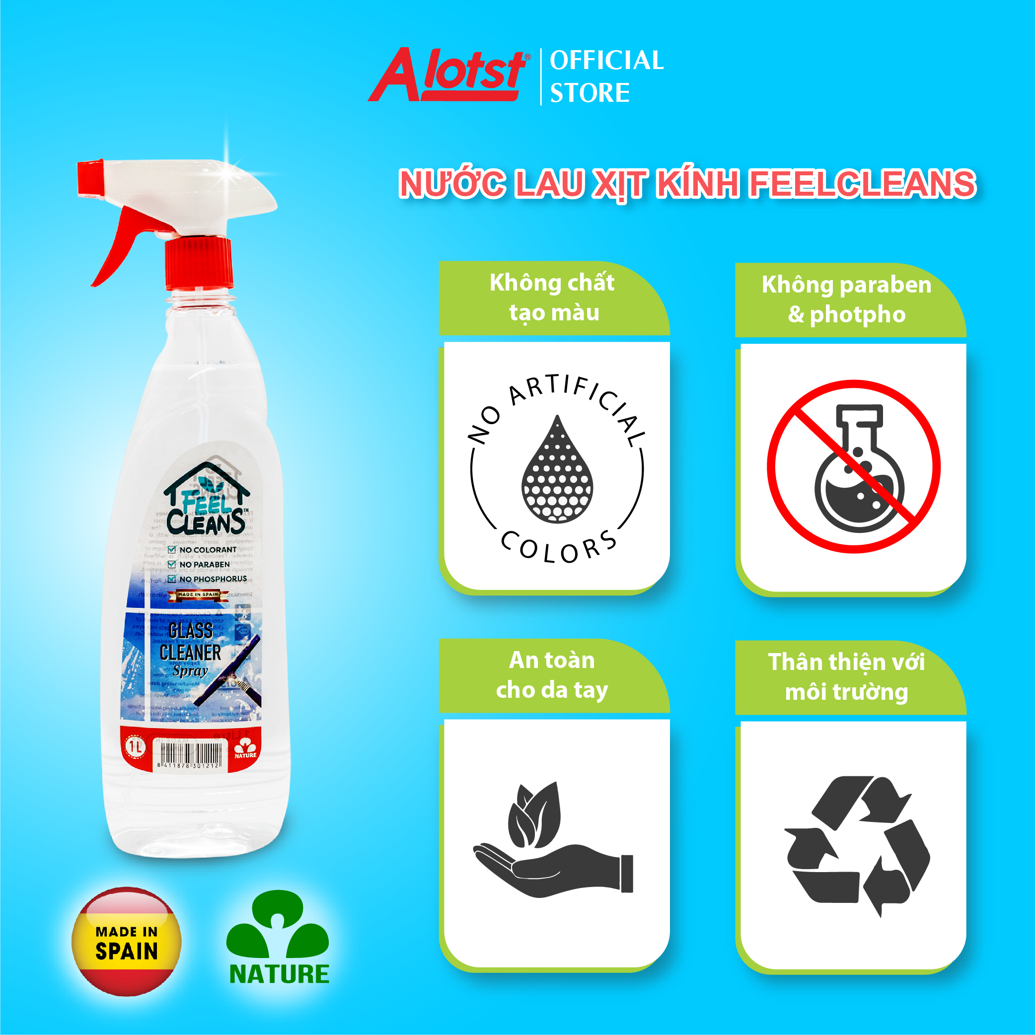 Nước lau xịt kính FeelCleans 1 Lít
