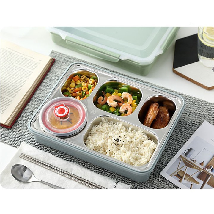 ⛔GIADUNGHOALONG⛔ Khay cơm 5 ngăn inox có nắp (TẶNG KÈM ĐŨA, THÌA - LOẠI INOX)