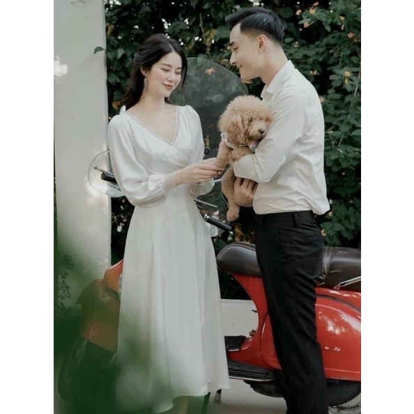 ĐẦM TRẮNG TAY DÀI, VIỀN REN, NÚT EO (có ảnh thật) MS123