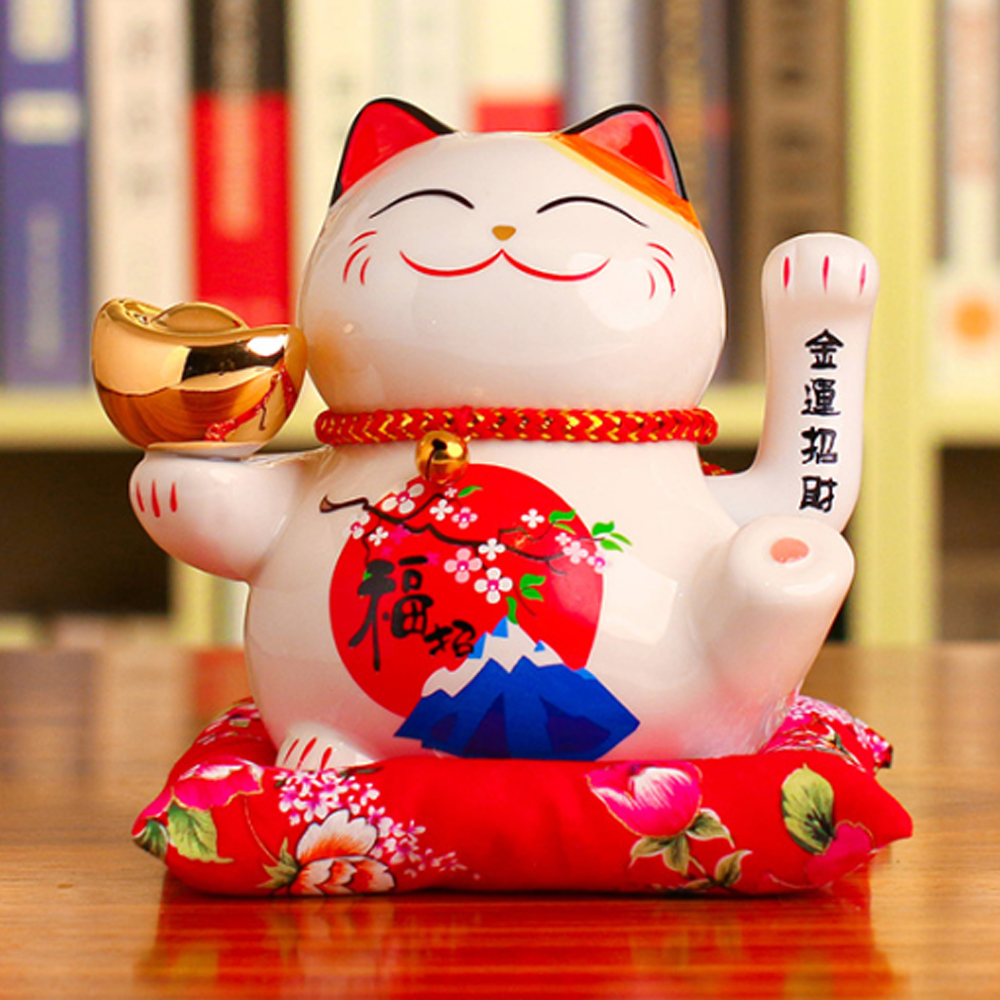 Mèo Thần Tài bằng sứ tay vẫy 16cm - thỏi vàng may mắn
