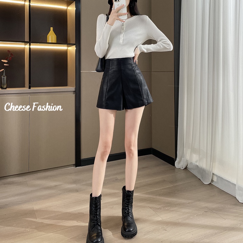 Quần short da cạp cao dáng ôm phong cách Hàn Quốc siêu hot