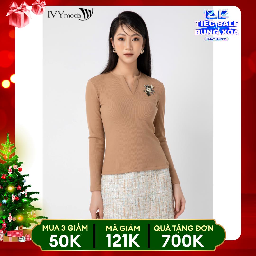 Áo thun gân nữ thêu hoa IVY moda MS 58M5831