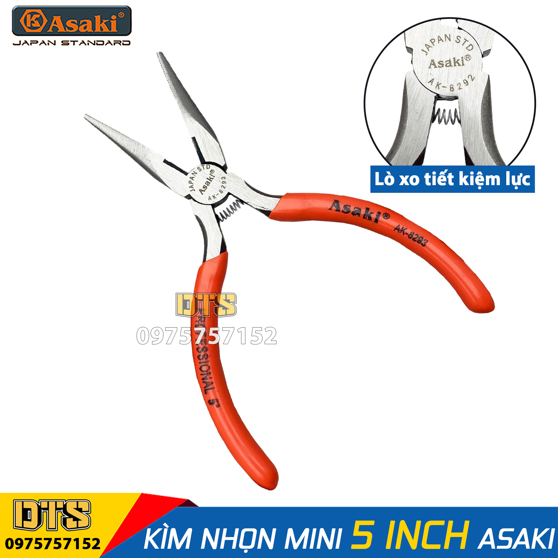 Kìm điện - kìm cắt - kìm nhọn, kìm mini 5 inch Asaki JAPAN STD, thép CR-V độ cứng cao, lò xo tích hợp tiết kiệm sức lực, thiết kế tối ưu, nhỏ gọn, cầm nắm thoải mái, kìm mini Asaki, kềm mini, kềm điện, kìm tổ hợp, kềm cắt