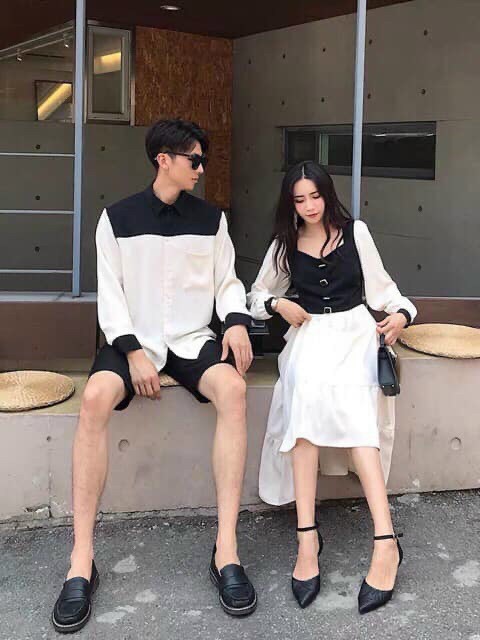 Đồ đôi nam nữ thời trang gồm sơ mi nam và đầm nữ