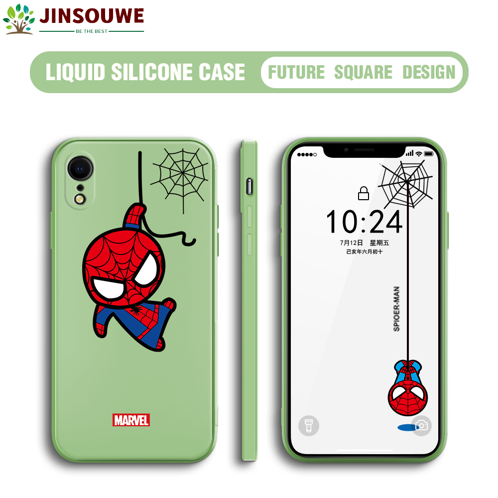 Jinsouwe For Apple iPhone XR Shockproof Cartoon Avengers Spiderman Spider Man Square hp Cellphone Casing Soft Edge Silicone Full Lens Protect Cover Mobile Phone Case