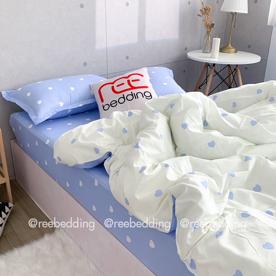 Bộ chăn ga gối Poly Cotton REE Bedding PLC99 trái tim xanh dương đủ size giường nệm 1m2, 1m4, 1m6, 1m8, 2m