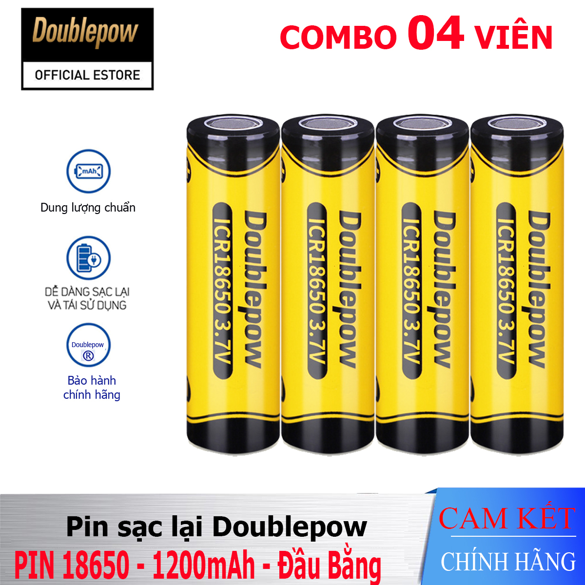 [Combo 04 viên] Pin sạc Lithium 18650 - 1200mAh đầu bằng Doublepow, pin dung lượng thực