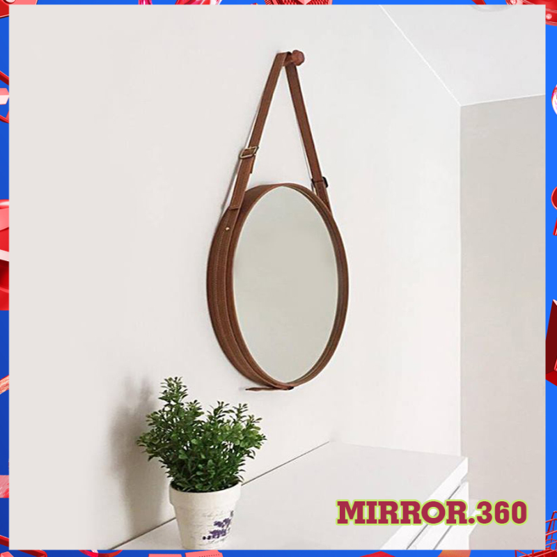 (Size 50cm) Gương Tròn Treo Tường Viền Da Simili (Màu nâu sậm ). Tặng kèm phụ kiện treo gương.