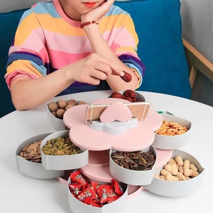 Khay đựng mứt kẹo tự xoay hình cánh hoa 2 tầng - Hộp đựng bánh mứt cánh hoa sen 10 ngăn - Khay mứt tết 2023