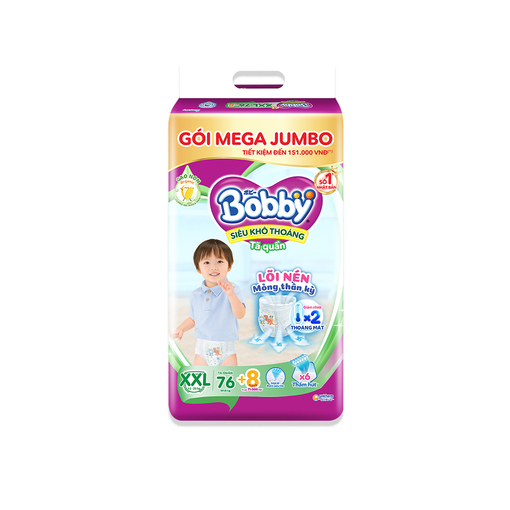 Combo 2 gói Tã quần Bobby Mega Jumbo Gạo non 3mm M112/L96/XL84/XXL76