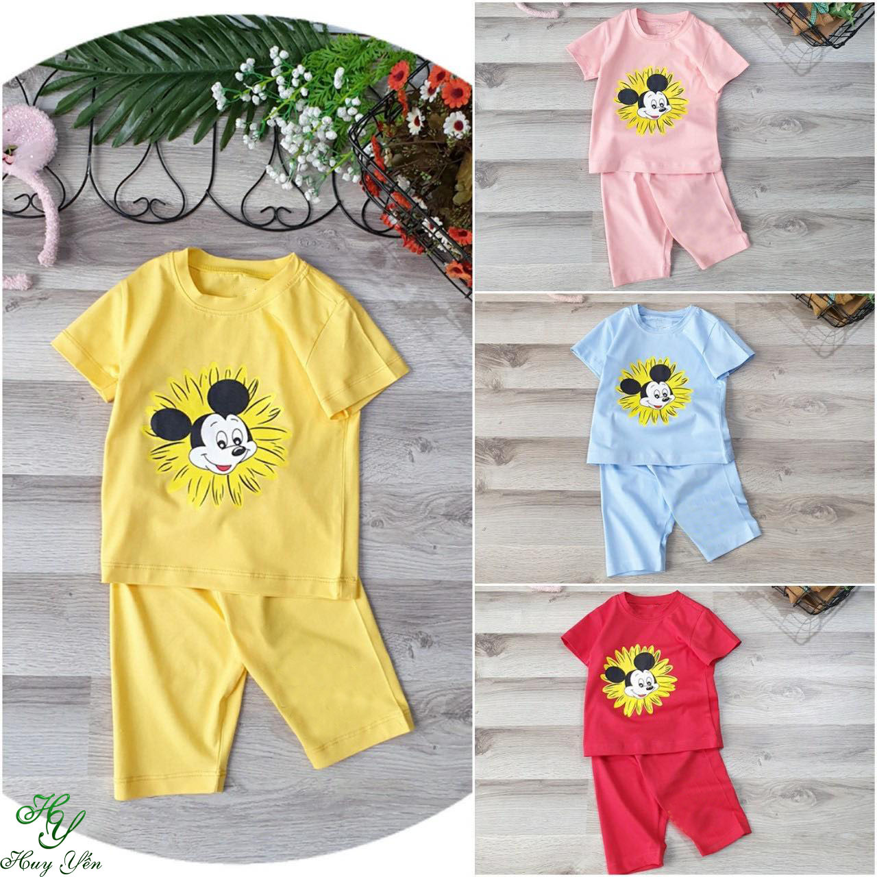 [HCM]Sét 4 đồ tay ngắn chuột chuột mecky hoa cúc bé traibe gáimàu cho bé-DBBEGAI19.