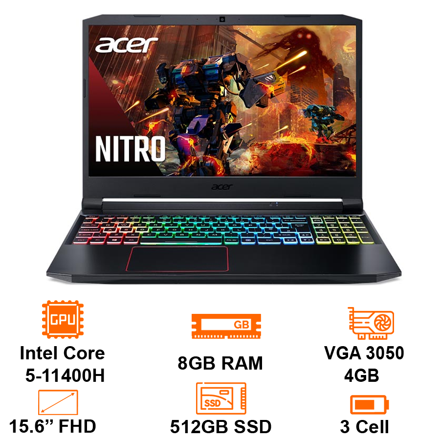 Laptop Acer Gaming Nitro 5 Eagle AN515-57-54MV i5-11400H/8GB/512GB SSD/15.6 FHD IPS 144Hz/VGA 3050 4GB/Win11H/Black(NH.QENSV.00) Mạnh mẽ đậm chất Game thủ - Bảo hành 12 tháng - Hàng Chính Hãng