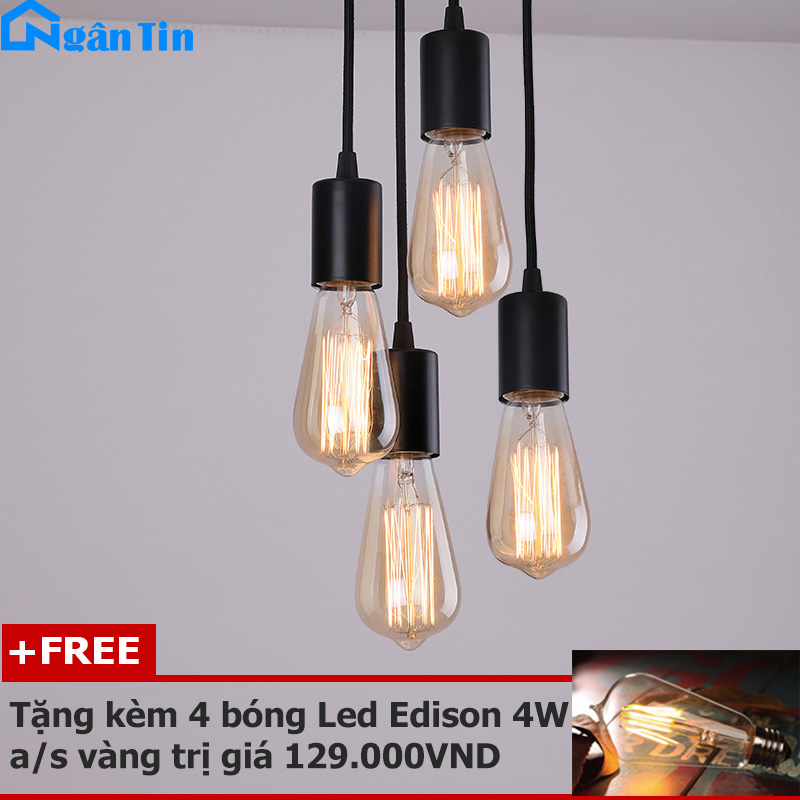 Bộ dây đèn thả Led thả trang trí màu đen E27 60W (Tặng kèm bóng tròn Led Edison 4w)