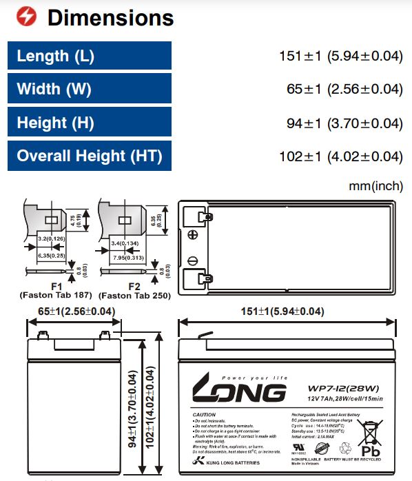 Ắc Quy LONG 12V-7AH, WP7-12 (28W) (PDC-Tech)