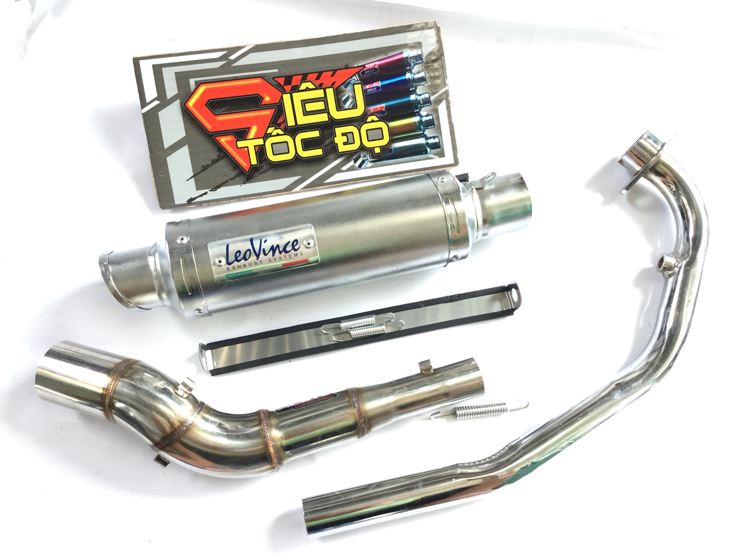 Pô leovince trắng full pass treo lò xo bao gồm cả cổ pô độ cong 2 khúc cho xe winer, sonic,.........