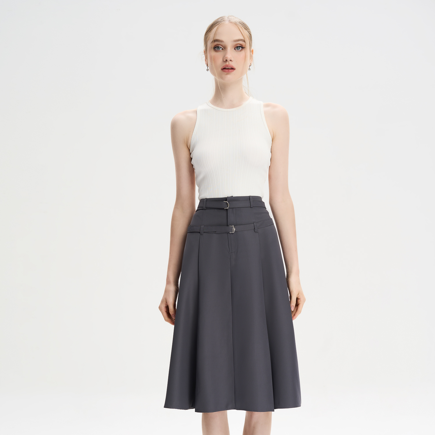 Chân váy midi xòe cotton lạnh dây lưng kiểu Maybi