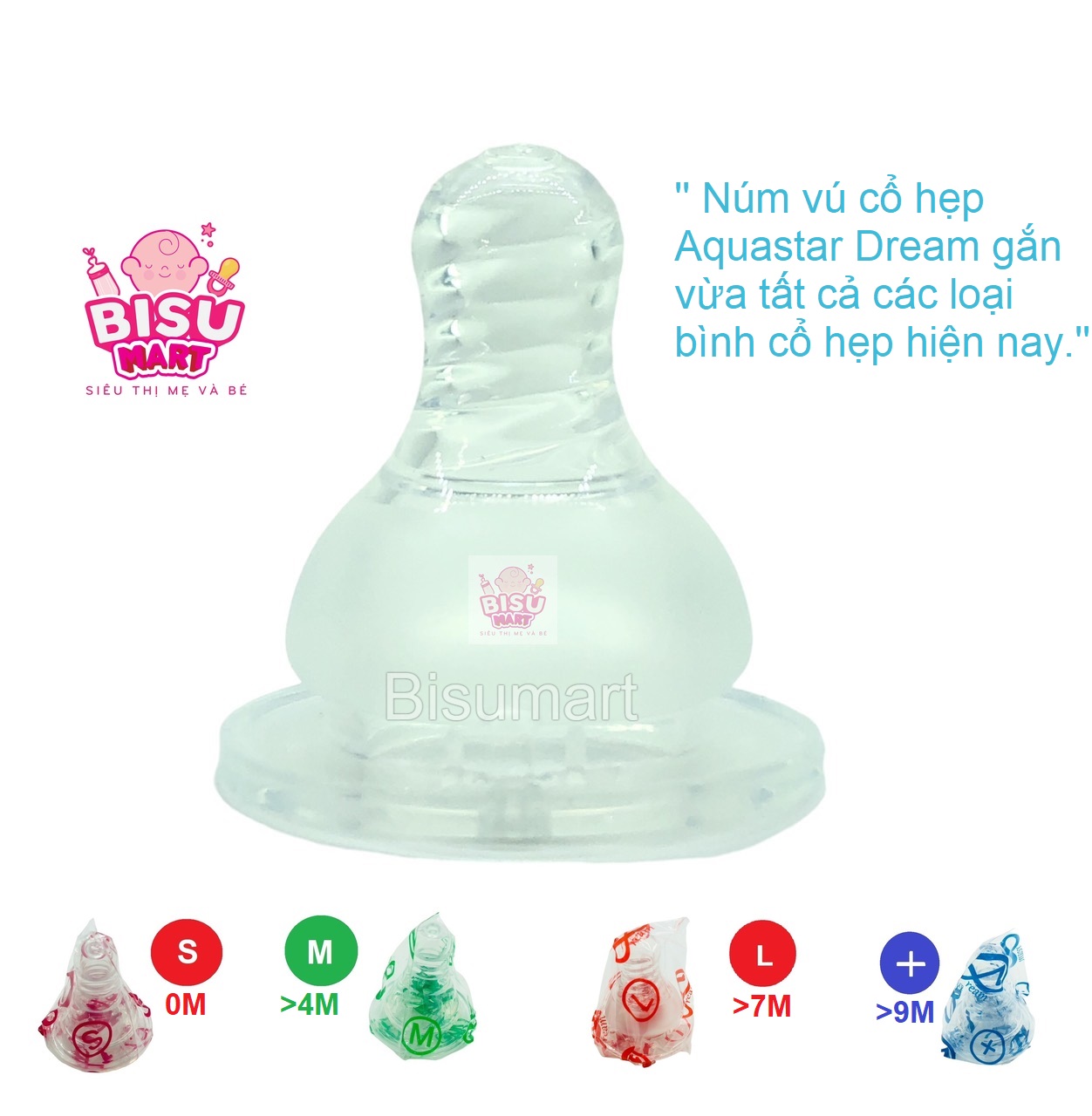 Núm vú silicon siêu mềm cổ hẹp Kichilachi cho bé Size S M L Y