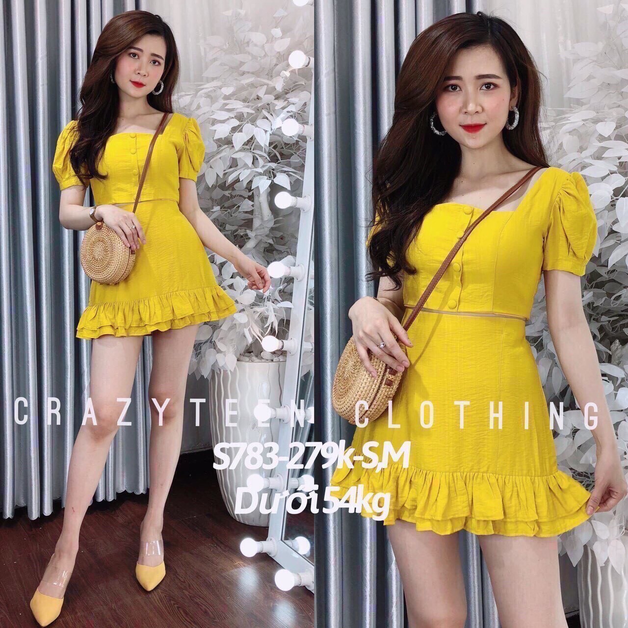 Set Áo Cổ Vuông Đính Nút Váy Đuôi Cá