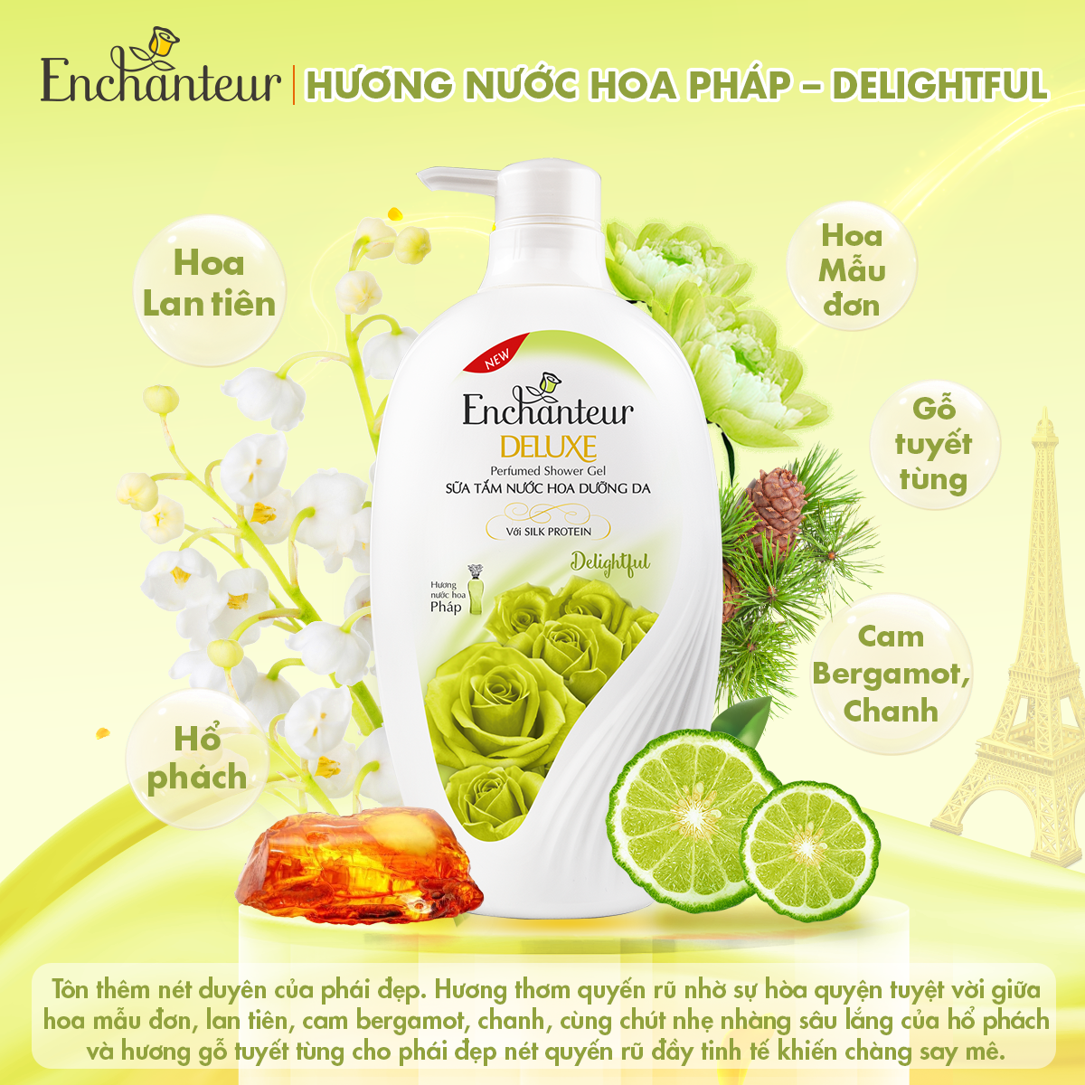 Combo quà tặng Enchanteur cao cấp (Sữa tắm Delightful 650gr, Nước hoa bỏ túi Enchanteur Delightful 18ml/hộp)