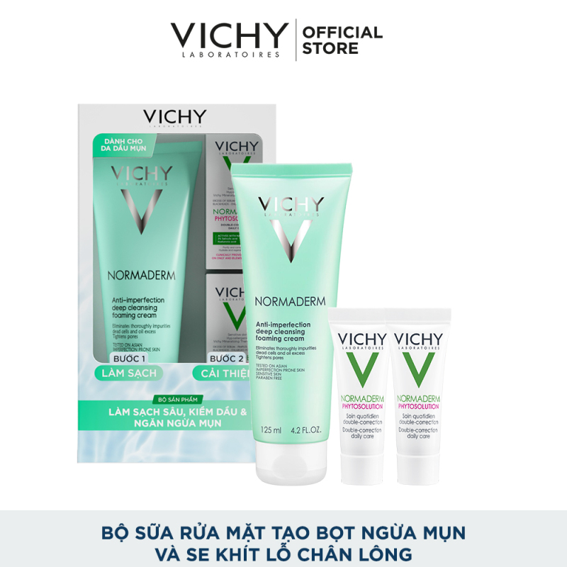 Bộ sản phẩm Sữa Rửa Mặt Tạo Bọt Ngăn Ngừa Mụn Và Se khít Lỗ Chân Lông Vichy Normaderm Deep Cleansing Foaming Cream 125ml giá rẻ