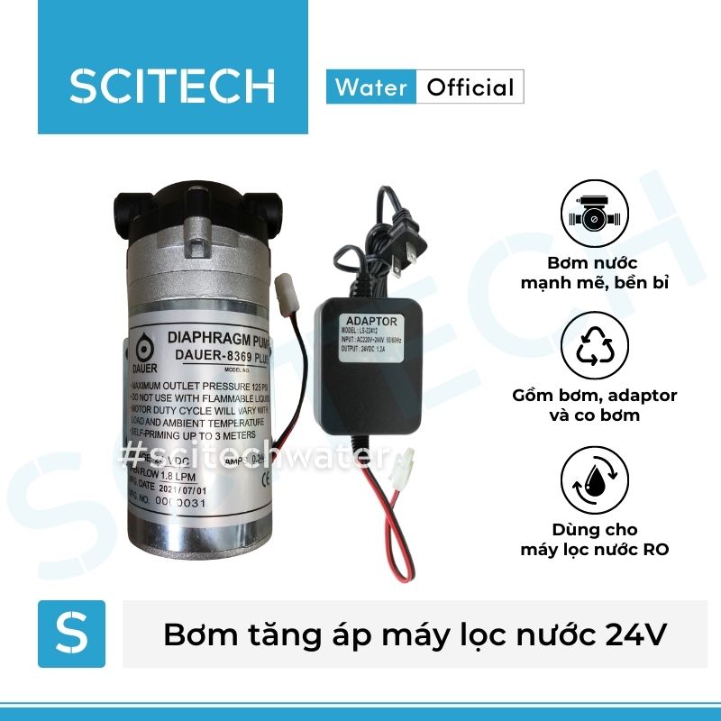 Bơm tăng áp máy lọc nước 24V (Tặng kèm co bơm) - Scitech Water