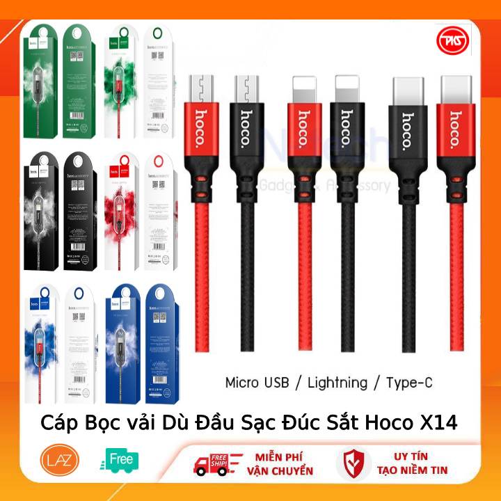 Cáp Sạc Bọc Dù Đầu Sạc Đúc Sắt Hoco X14 Dài 1m 2m Lightning /TypeC /Micro usb